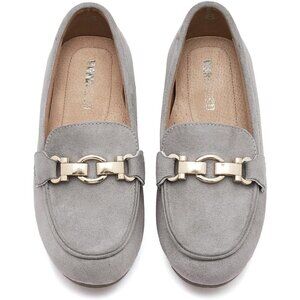 Womens Grey Faux Leather Slip On Comfort Chunky Heel Lug Sole Loafers